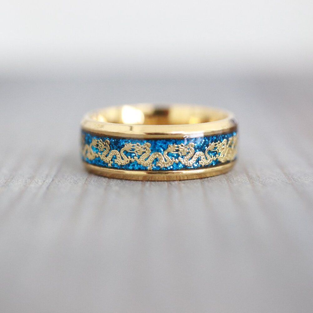 Mens Ring Dragon Style 8mm Square Edge Ring 18k Gold Plated Stainless Steel